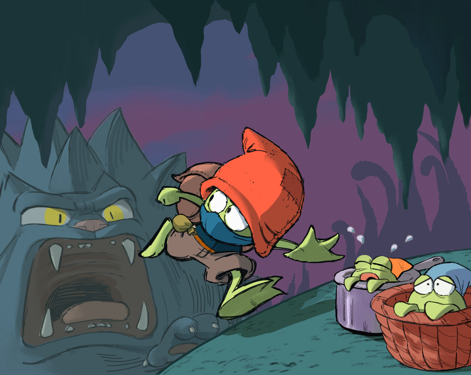 Koko the froglin hero sprints through a dark cave, fleeing a monstrous creature, while baby froglins huddle in a basket